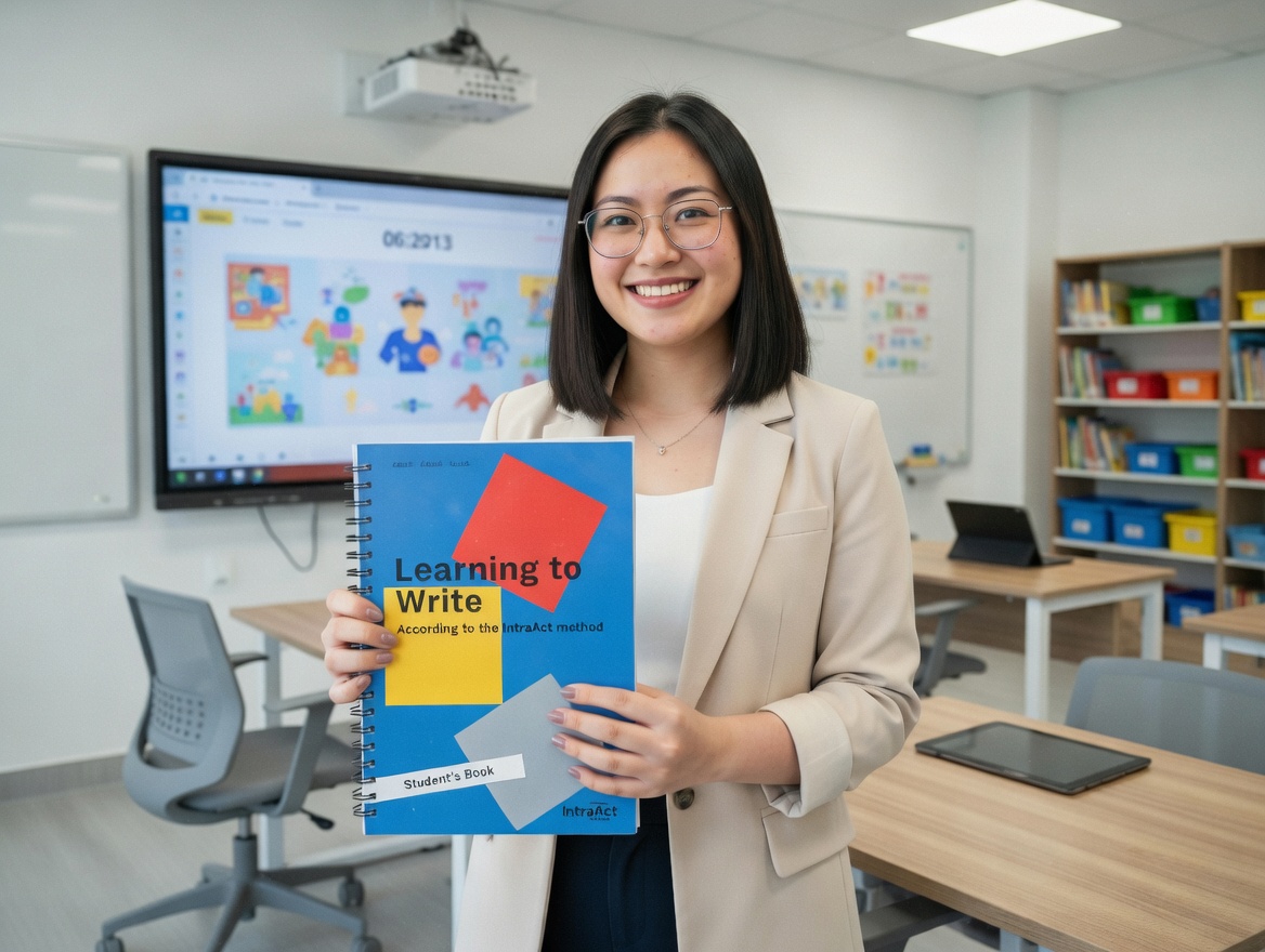 Teacher holding IntraAct Learning to Write book in classroom